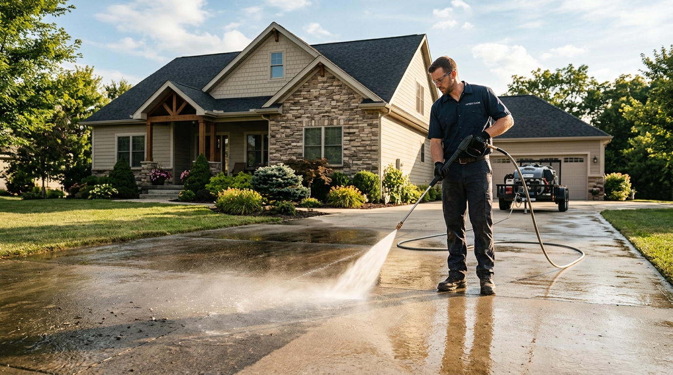 Professional power washing a driveway